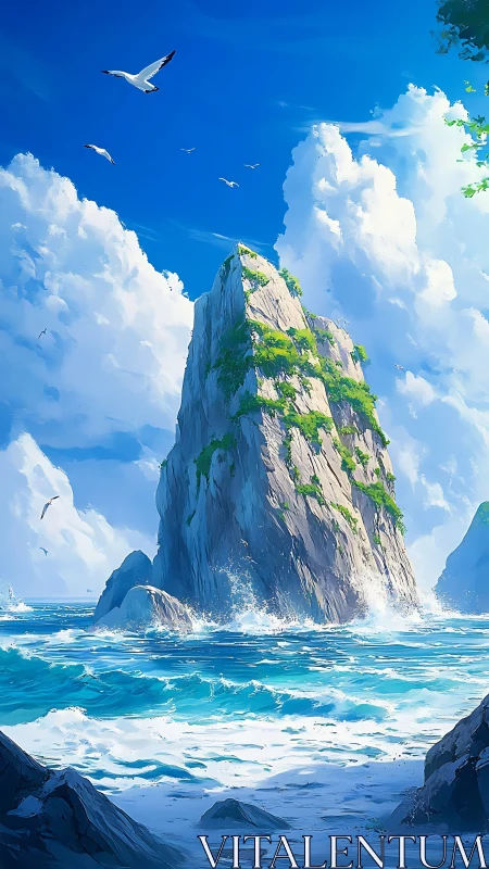 Towering coastal rock formation with seabirds and lush vegetation growth