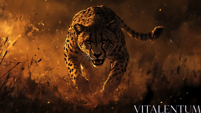 Cheetah in Dynamic Motion: Layered Fire Smoke and Dramatic Lighting Rendering