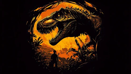 Backlit tyrannosaur silhouette confronts lone human in volcanic jungle
