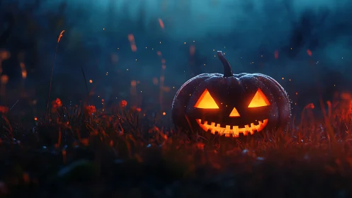 Backlit jack o’lantern emits volumetric glow across dewy grass