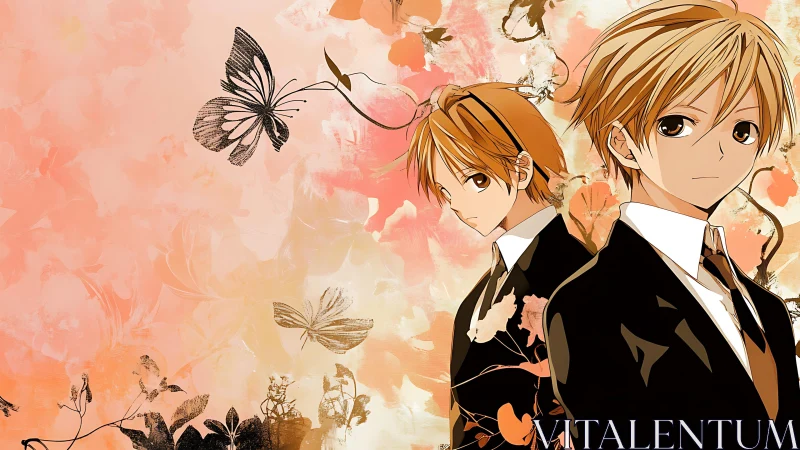 Suited anime twins stand before floral butterfly wash.