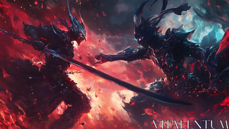Infernal armored duel amid swirling crimson void.