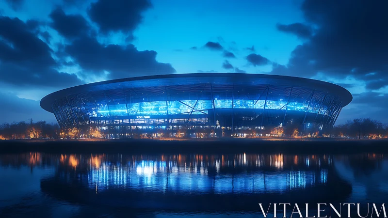 Futuristic illuminated stadium by water at dusk with reflections.