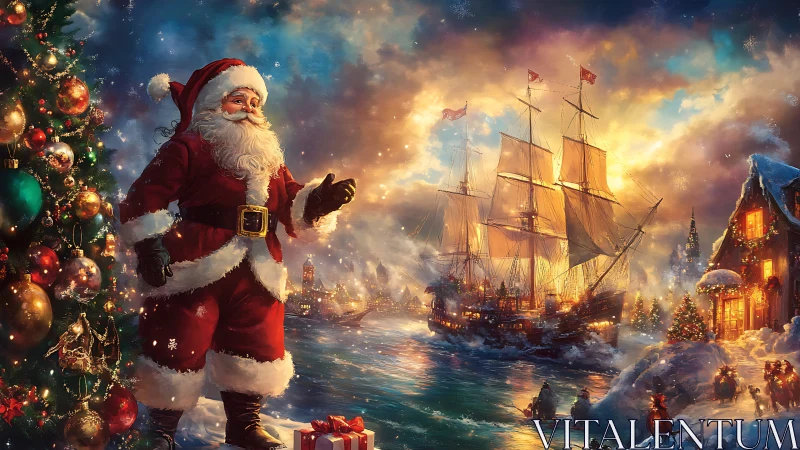 Santa observes illuminated tall ships in a snowy harbor at dusk