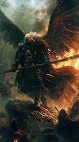 Fiery winged warrior strides through battle with fierce grace