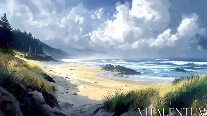 Coastal dunes meet stormlit surf under sweeping clouds.