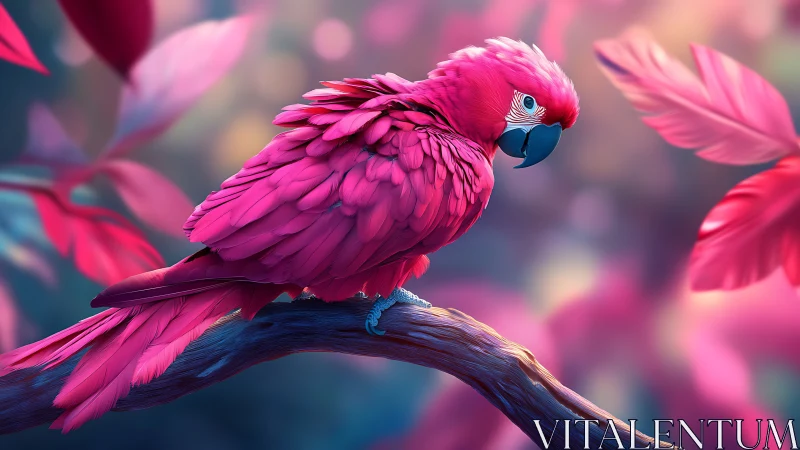 Vibrant Pink Parrot on Branch in Dreamy Nature Setting, Digital Art.