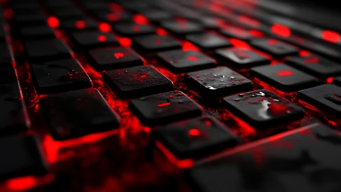 Glowing red keyboard keys shine through scattered water drops