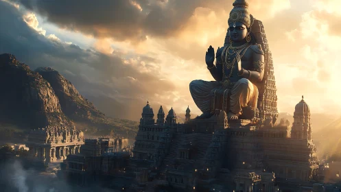 Monumental stone deity towering above sunlit temple city.