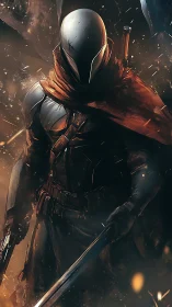 Hooded sci fi knight emerging through embers and smoke.
