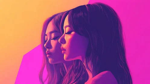 Twin neon reveries drift through split citrus-magenta dusk