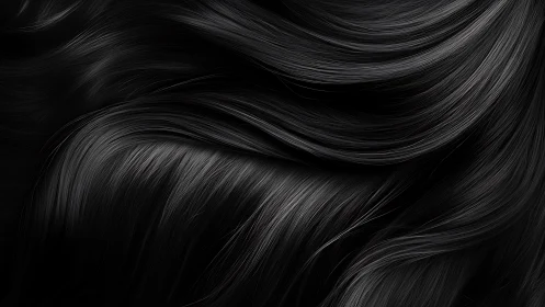 Glossy black hair waves in tight macro abstract pattern.