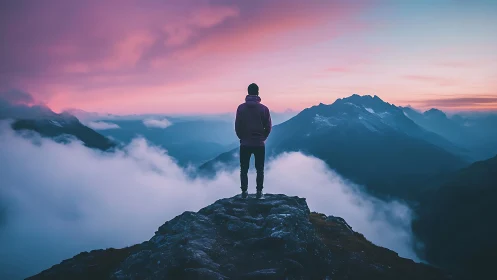Solitary figure above sunrise clouds on misty summit.