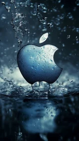 Metallic apple emblem plunges into dark rippling water.