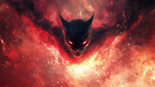 Demonic feline head emerging from swirling red flames.