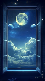 Moonlit cloudscape framed by open window at night.