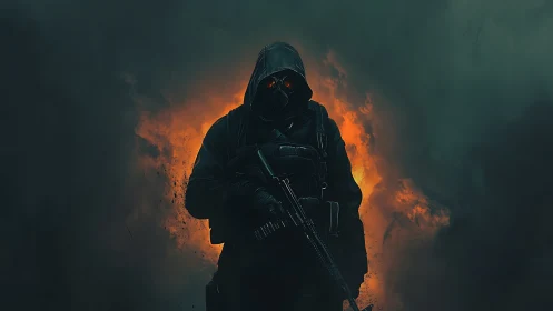 Hooded tactical operator emerging through incendiary smoke.