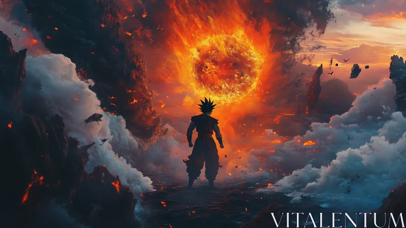 Warrior confronts blazing celestial firestorm vortex.