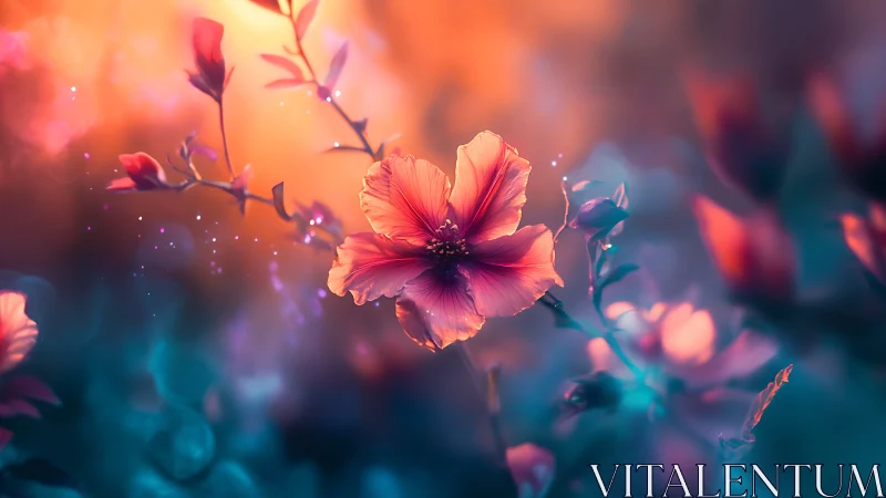 Backlit cosmos flowers with soft focus background.