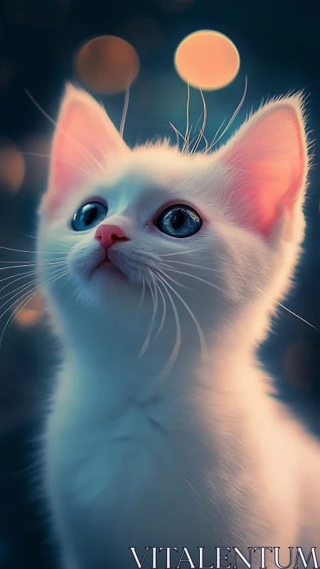 Luminescent White Cat with Neon Eyes Against Cosmic Backdrop.