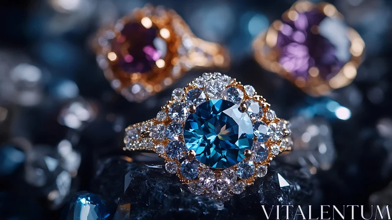 Macro photograph shows ornate gemstone rings on dark stones