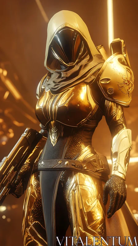 Gilded sci fi ranger in reflective exo armor with hooded visor