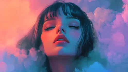 Woman’s illuminated face emerges from soft colored clouds