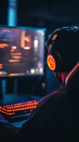 Backlit esports gamer at RGB desktop battle station, portrait