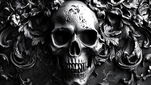Baroque metallic skull merges with ornate dark floral relief.