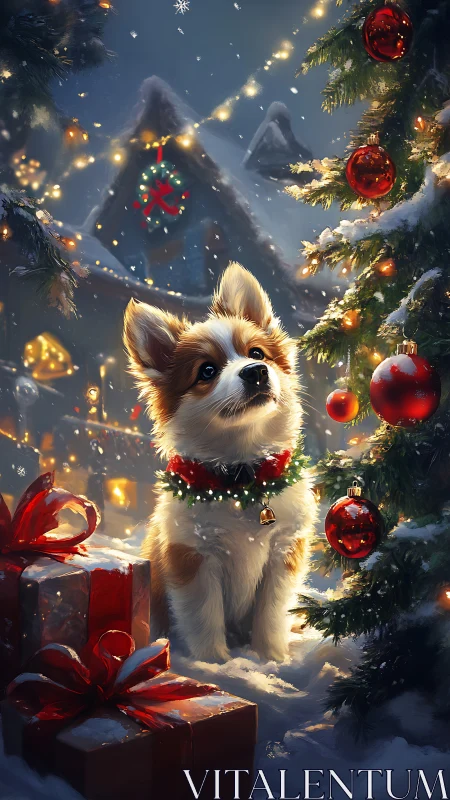 Curious Christmas pup studies glowing tree baubles in snow