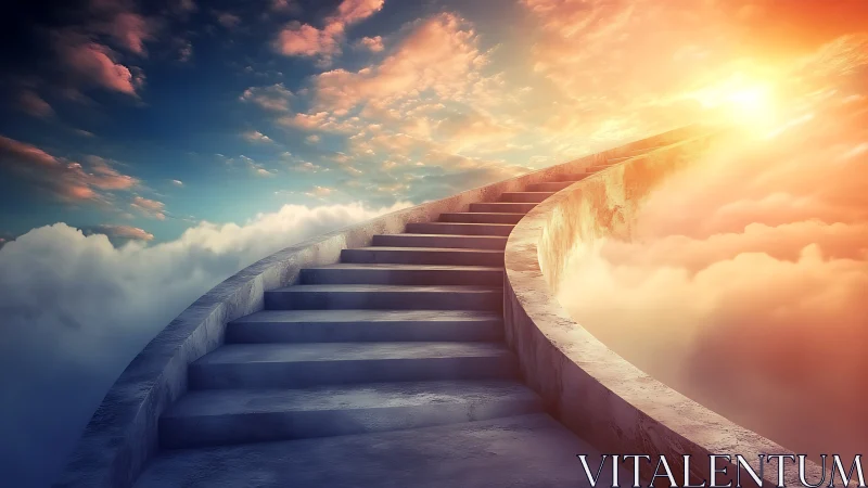 Curved stone stairway ascending above clouds toward radiant sun