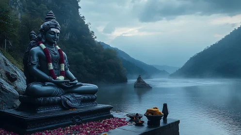 Serene riverfront deity statue invites quiet morning reflection