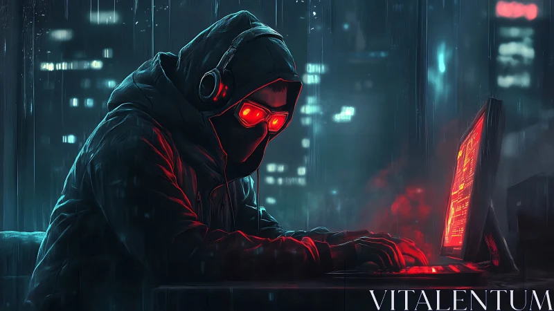 Cyberpunk hooded hacker under neon rain at laptop.