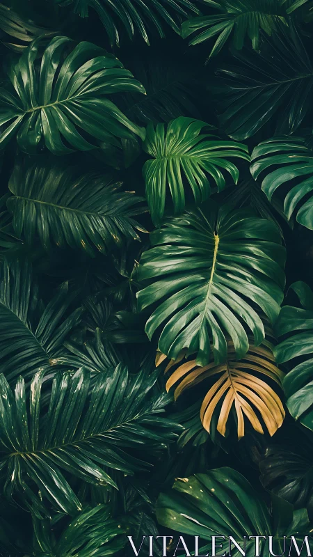 Layered tropical leaves show rich green contrast and decay