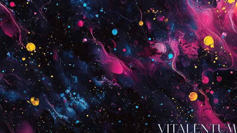 Dreamy cosmic splashes of neon color across midnight space.