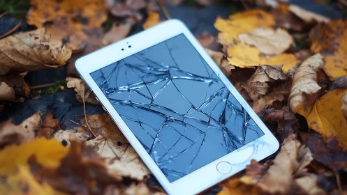 Cracked White Smartphone Lies on Autumn Leaves.