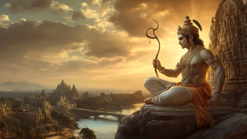 Divine warrior deity overlooking sunlit river temple city