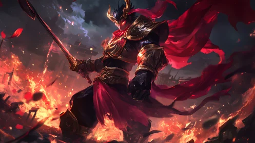 Firelit armored warrior wielding spear amid burning ruins.