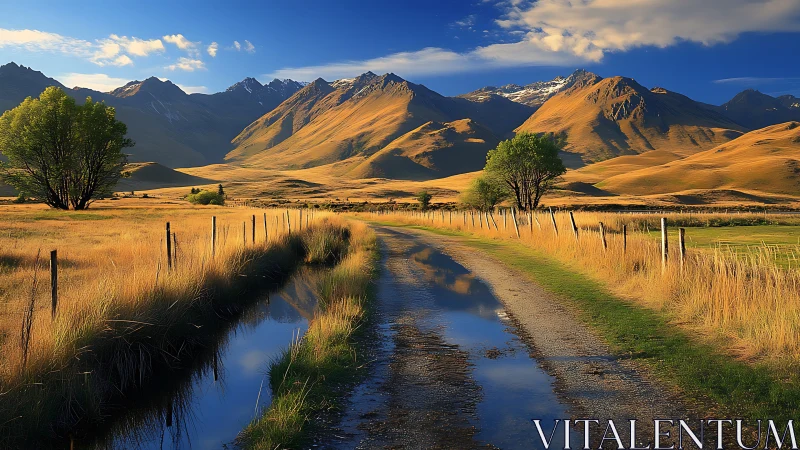 Gravel farm track with puddles leading toward distant mountains.