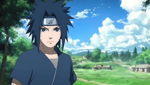 Storm-eyed ninja stands guard over tranquil village fields.