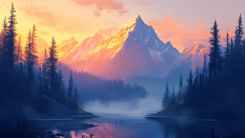 Sunrise paints the silent mountain over misty sapphire lake