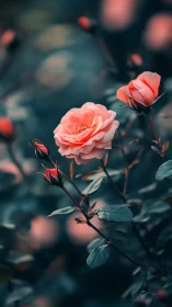 Coral Pink Rose Blooms With Foliage Bokeh.