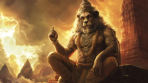 Lion-headed mythic figure seated before temple structures.