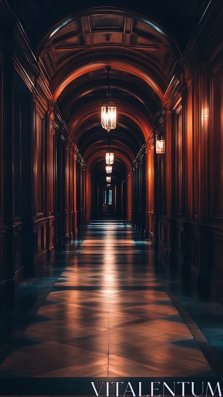 Symmetrical wooden arcade corridor with reflective parquet lighting