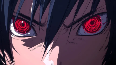 Red spiral eyes lock into intense hypnotic confrontation.