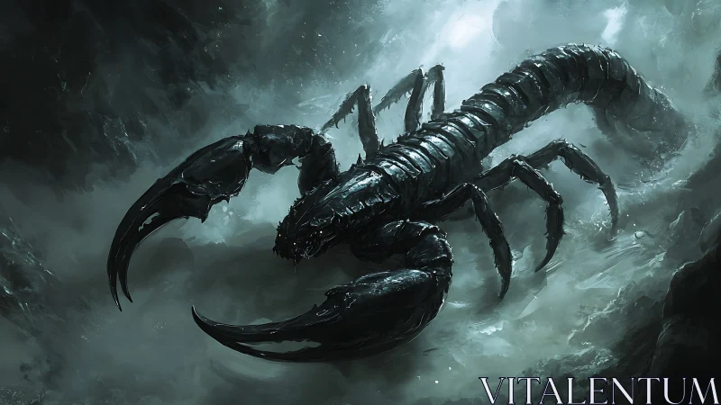 Colossal shadow scorpion stalks through a stormy mist