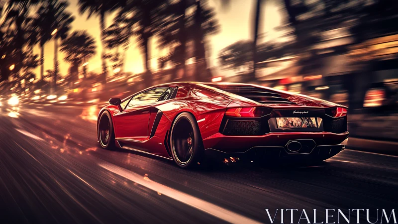 Red supercar racing through a golden city evening street.