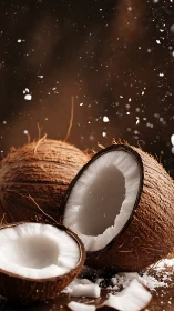 Photorealistic coconut still life with dynamic crumb motion.