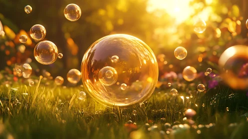 Golden bubbles drift through sunlit garden grass at sunset