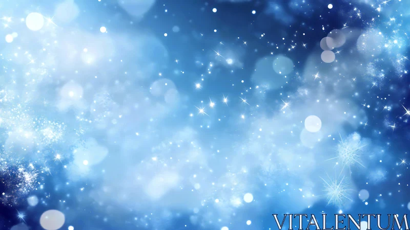 Blue gradient background with bokeh lights and snowflakes.